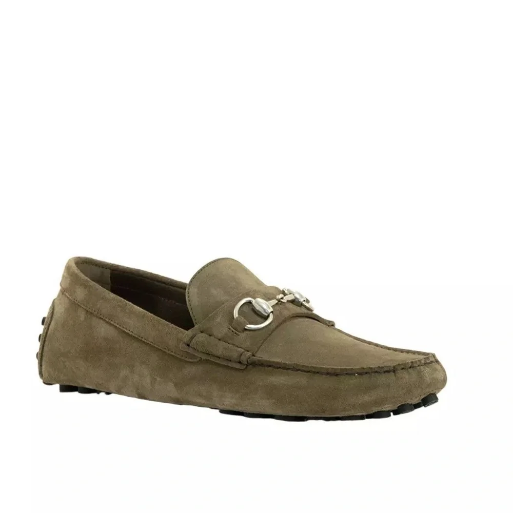 Men’s Gucci Olive Suede HorseBit Loafers Driving Shoes Size 39.5